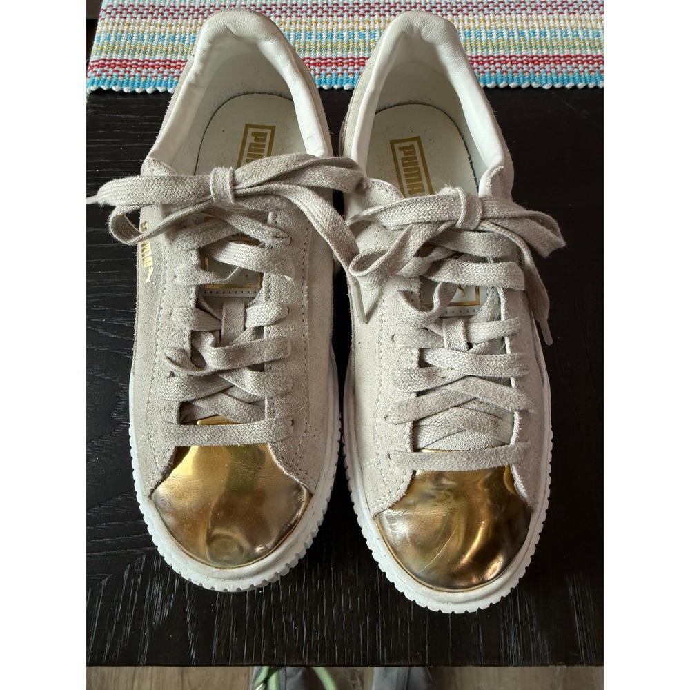 Puma Suede Platform Gold Sneakers Oatmeal Beige Metallic 362222-01 Womens 8